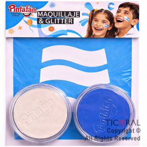 KIT MAQUILLAJE ARTISTICO PATRIO CELESTE Y BLANCO (BLISTER X 2 UNID - 4 GR) + STENCIL (PACK X 3)